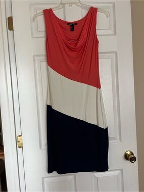 Mango Three-Tone Cowl Neck Sleeveless Dress - Coral, Cream & Navy
